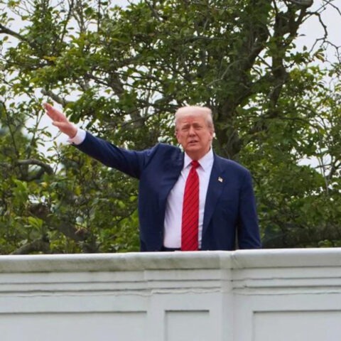 Donald Trump raising an arm from the roof of the White House
