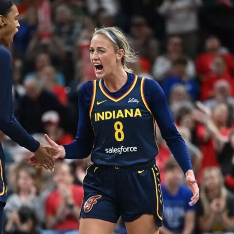 Indiana Fever guard Sophie Cunningham reacts on court during WNBA game