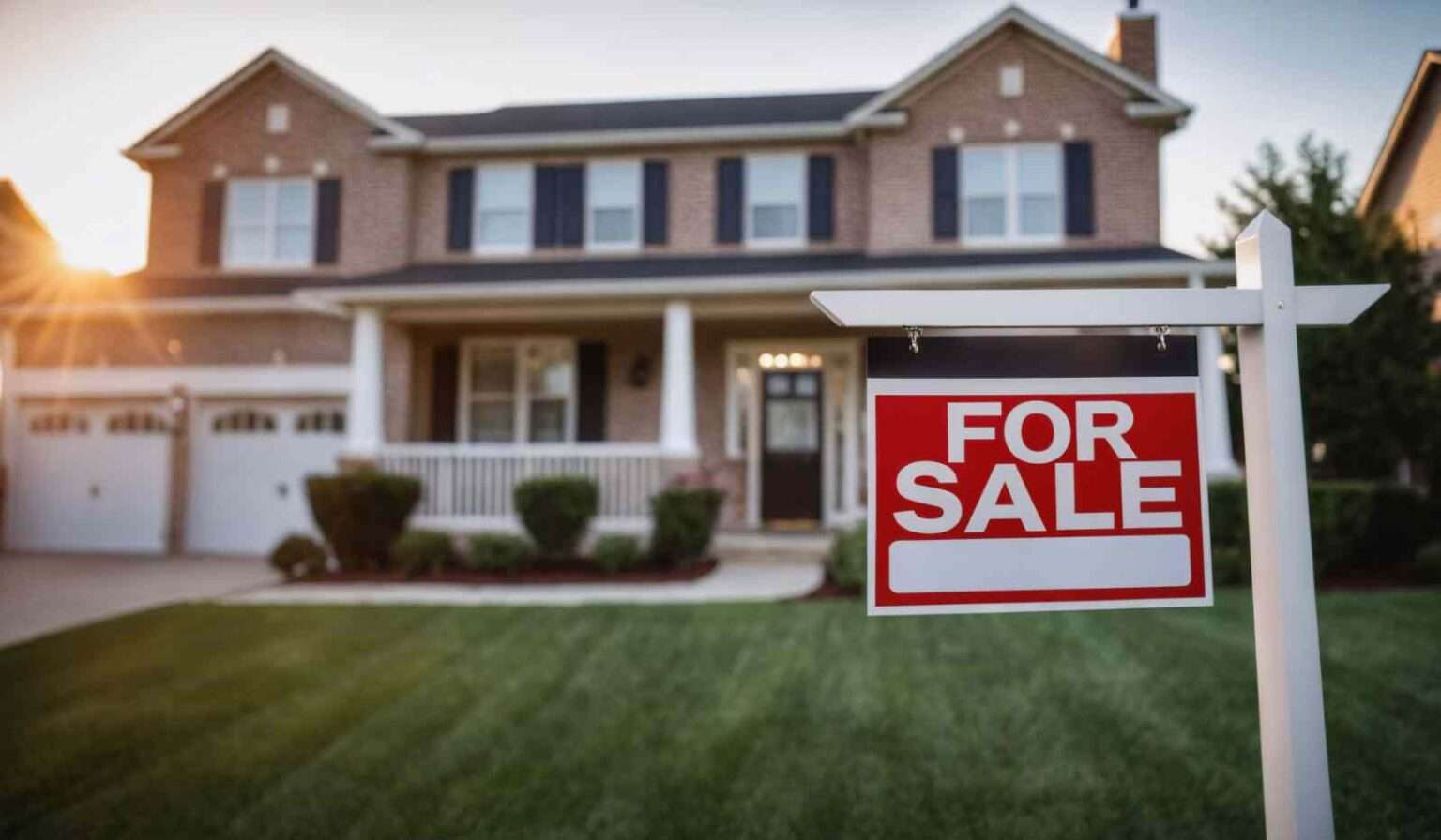 Suburban home with For Sale sign in front yard