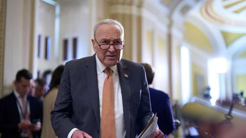 Senator Chuck Schumer speaks to reporters in the U.S. Capitol as Congress faces a government funding deadline.