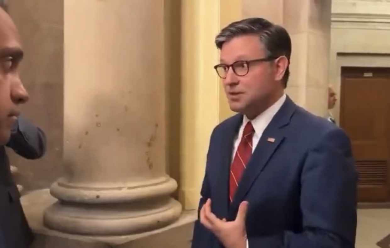 Speaker Mike Johnson speaking to reporters at the U.S. Capitol