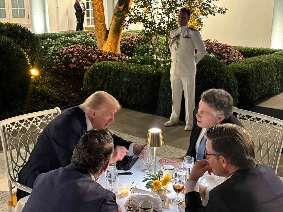 Donald Trump dining with Speaker Mike Johnson and lawmakers at Rose Garden dinner