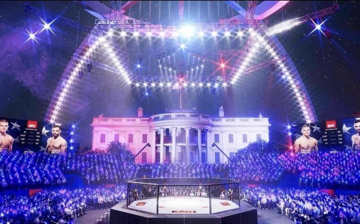 Rendered image of UFC Octagon on White House South Lawn with crowd and lights