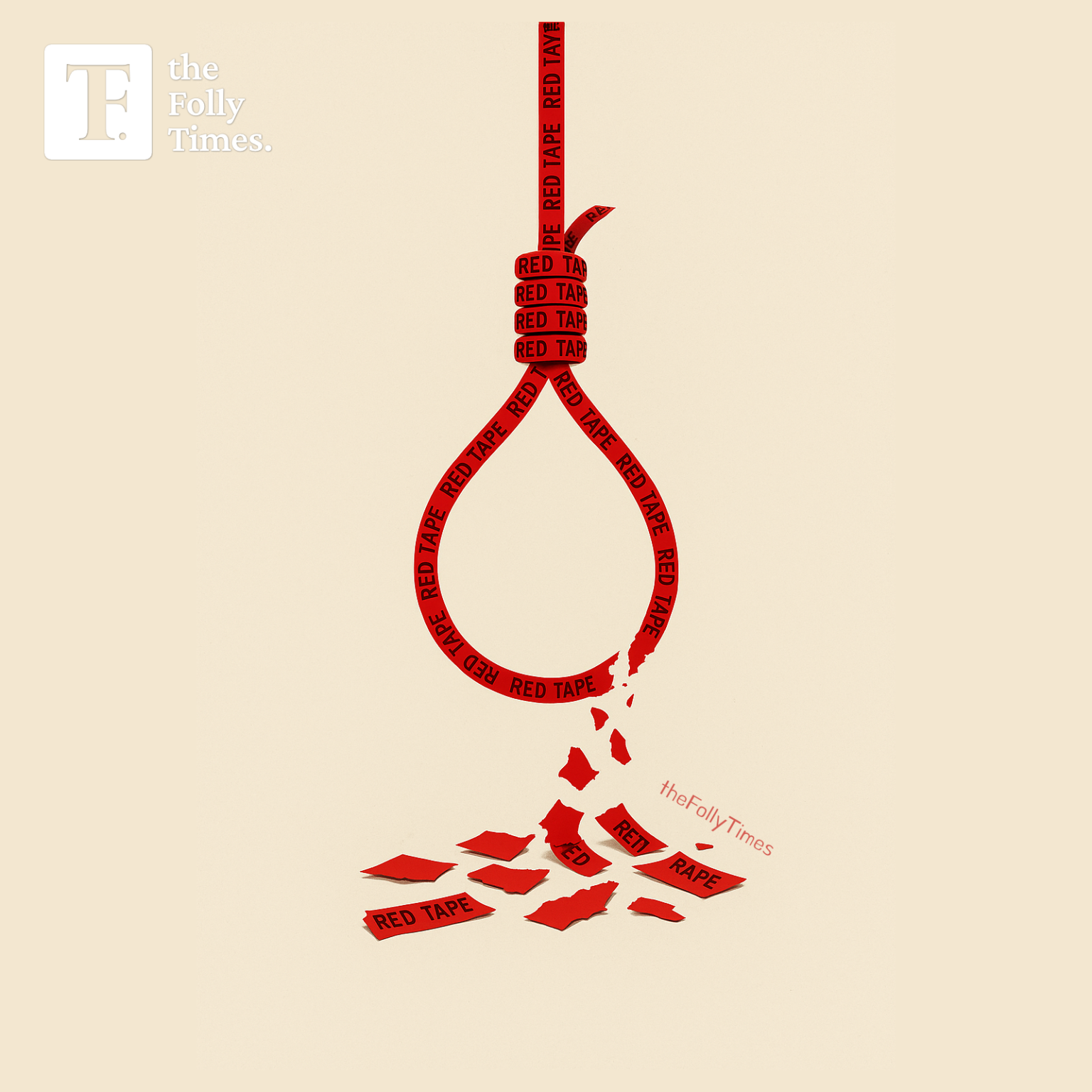 Illustration of a red tape noose breaking apart, symbolizing the collapse of bureaucracy.