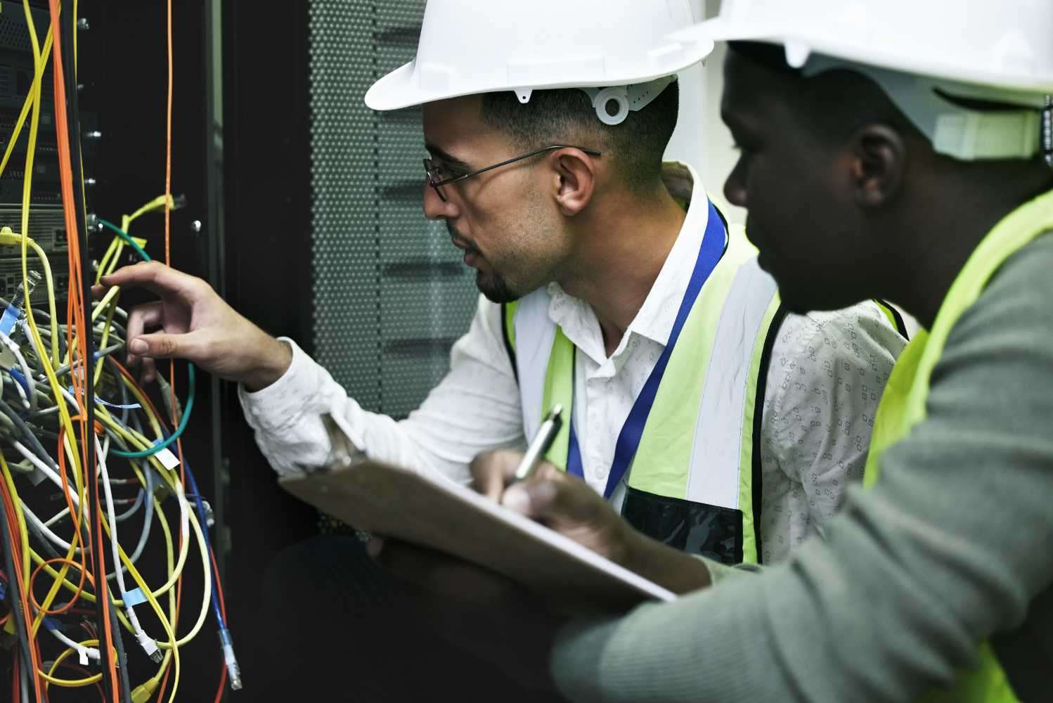 Technicians working to repair a server rack during a major outage.
