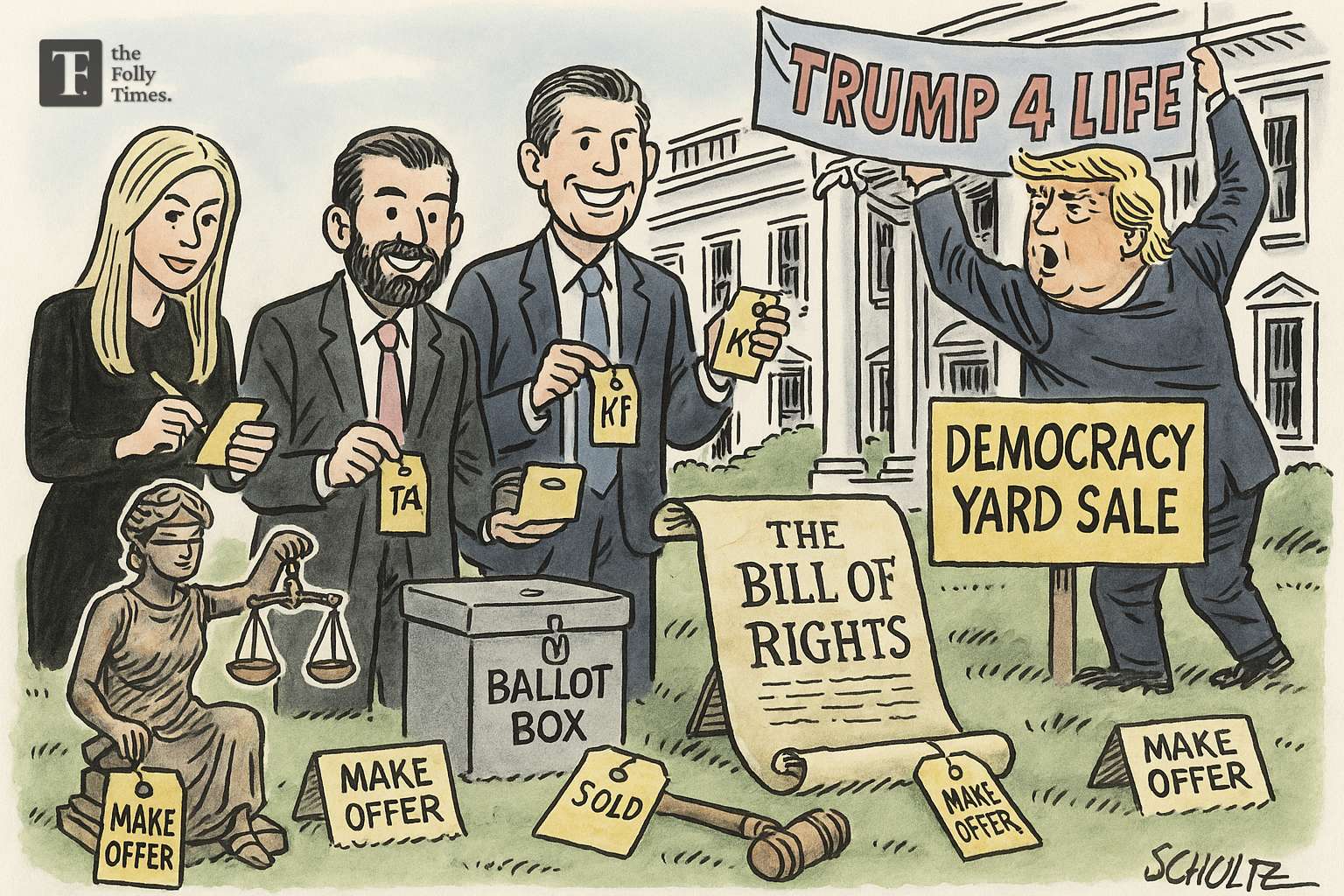 Political cartoon depicting Donald Trump and his family hosting a yard sale on the White House lawn, selling symbols of American democracy.