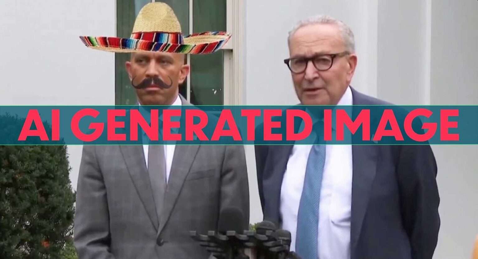 Hakeem Jeffries and Chuck Schumer speaking outside while Jeffries wears a sombrero and mustache