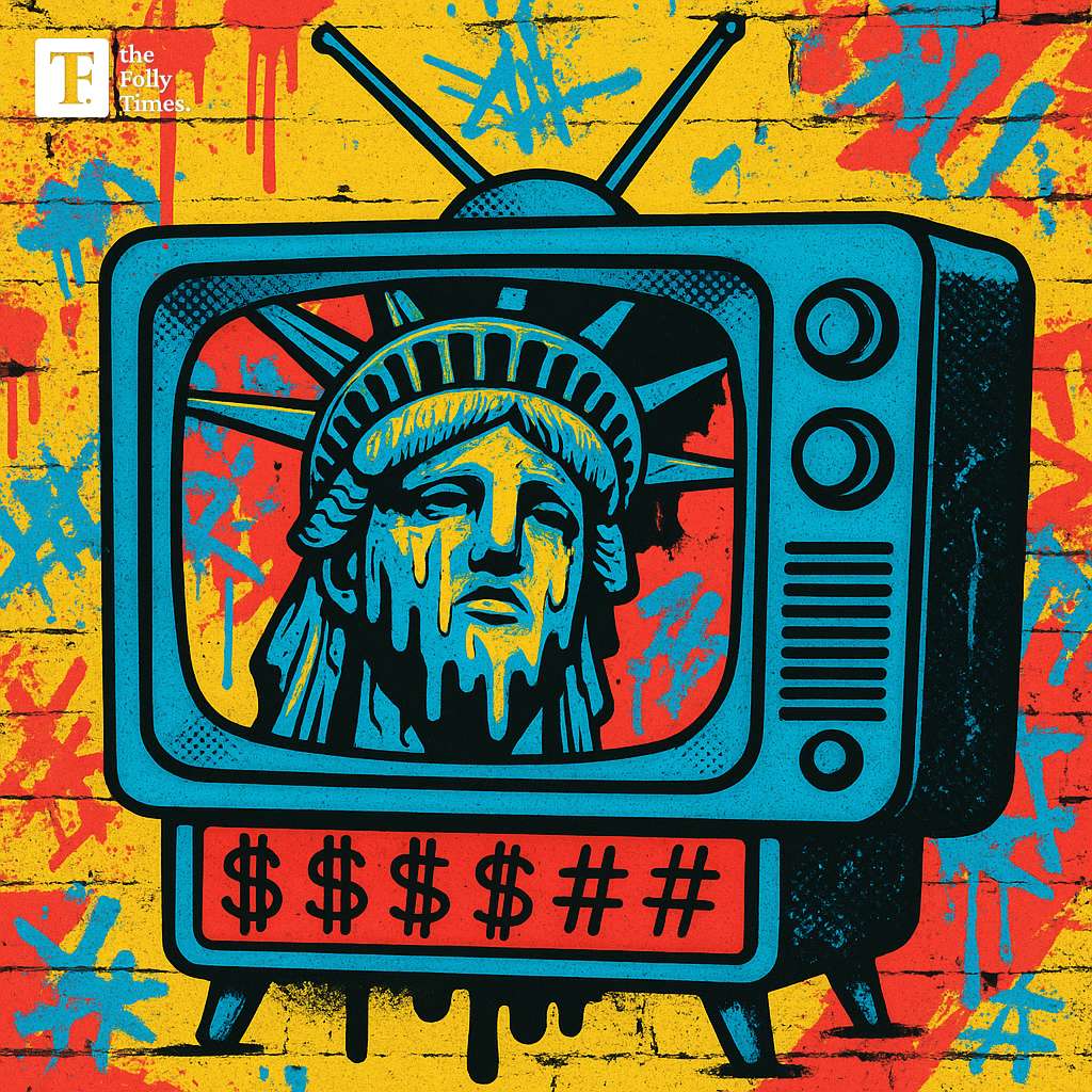 Pop art image of the Statue of Liberty melting inside a vintage television with dollar signs and hashtags