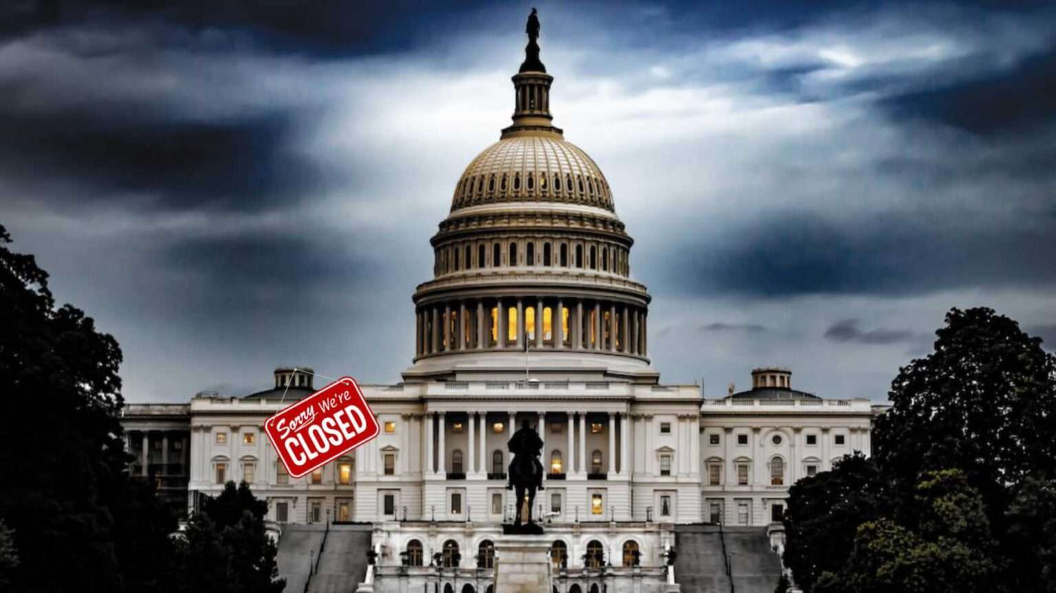 U.S. Capitol building with a “Sorry We’re Closed” sign during government shutdown