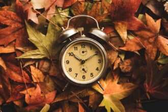 Vintage alarm clock resting on autumn leaves.