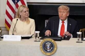 Pam Bondi and President Donald Trump seated at a meeting table with microphones and documents.