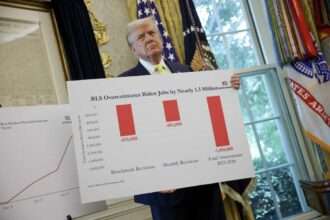 President Donald Trump holding a large printed jobs chart during a press event.