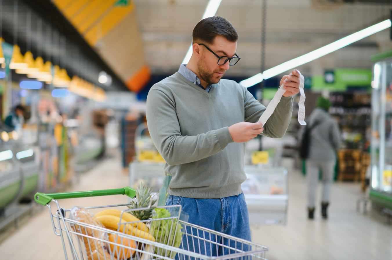 Man reading a long grocery receipt while standing beside a shopping cart filled with food items.